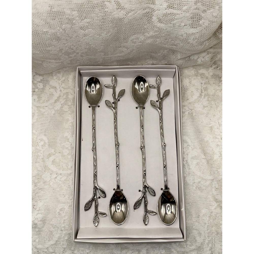 Zodax Leaves Cocktail Spoons Set of 4 Silver Tone Twig Handle IN-7312‎ New